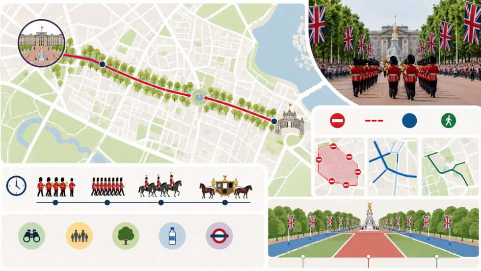 Trooping the Colour 2026 on 13 June: full guide to the Mall route, parade timetable, road closures, transport and the best free viewing spots to watch the King's Birthday Parade without a ticket.