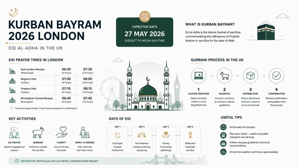 Kurban Bayram 2026 London on 27 May: Eid al-Adha UK dates, prayer times, Qurbani rules, events and transport across Greater London from 26–29 May, as Renewz reports.
