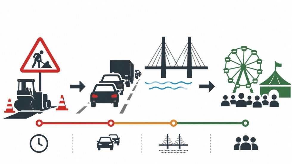 A14 traffic delays near Ipswich and the Orwell Bridge disrupted Suffolk Show 2026 as thousands travelled to Trinity Park during lane closures, resurfacing repairs, freight congestion and heavy morning queues across Suffolk.