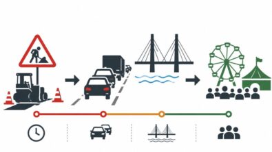 A14 traffic delays near Ipswich and the Orwell Bridge disrupted Suffolk Show 2026 as thousands travelled to Trinity Park during lane closures, resurfacing repairs, freight congestion and heavy morning queues across Suffolk.