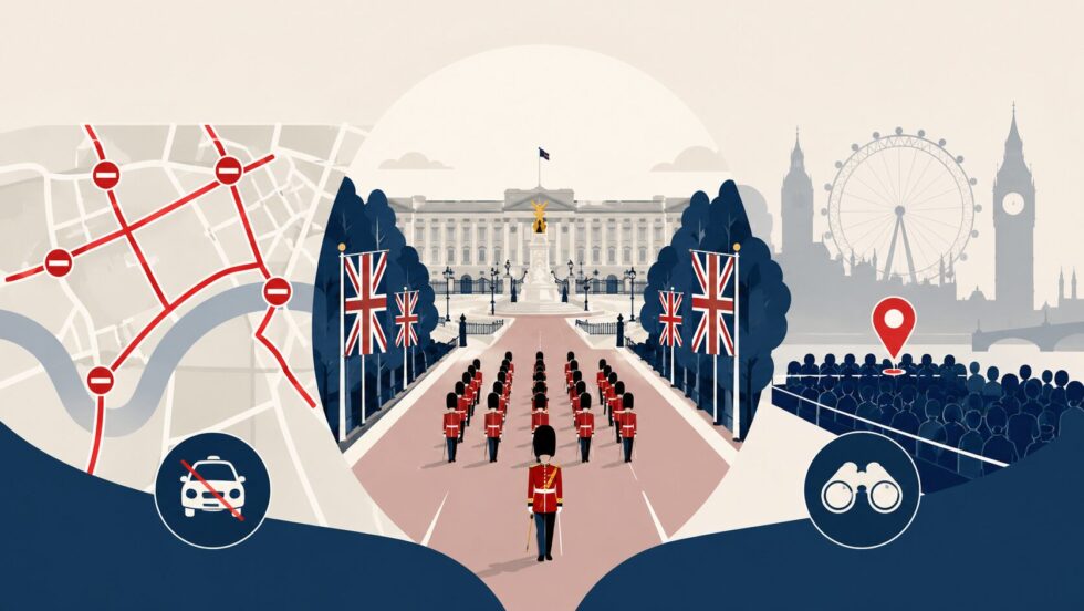 Trooping the Colour 2026 takes over Westminster Saturday 13 June with The Mall closed from 7am, Whitehall sealed, 1,400 troops on parade, the 1pm RAF flypast and full road closures for Pimlico today.