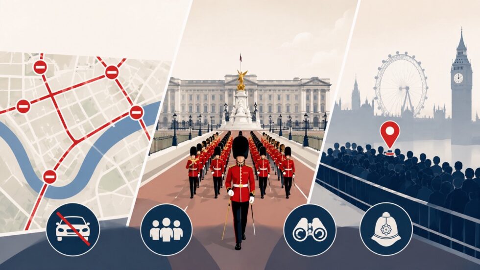 Trooping the Colour 2026 takes over Westminster Saturday 13 June with The Mall closed from 7am, Whitehall sealed, 1,400 troops on parade, the 1pm RAF flypast and full road closures for Pimlico today.