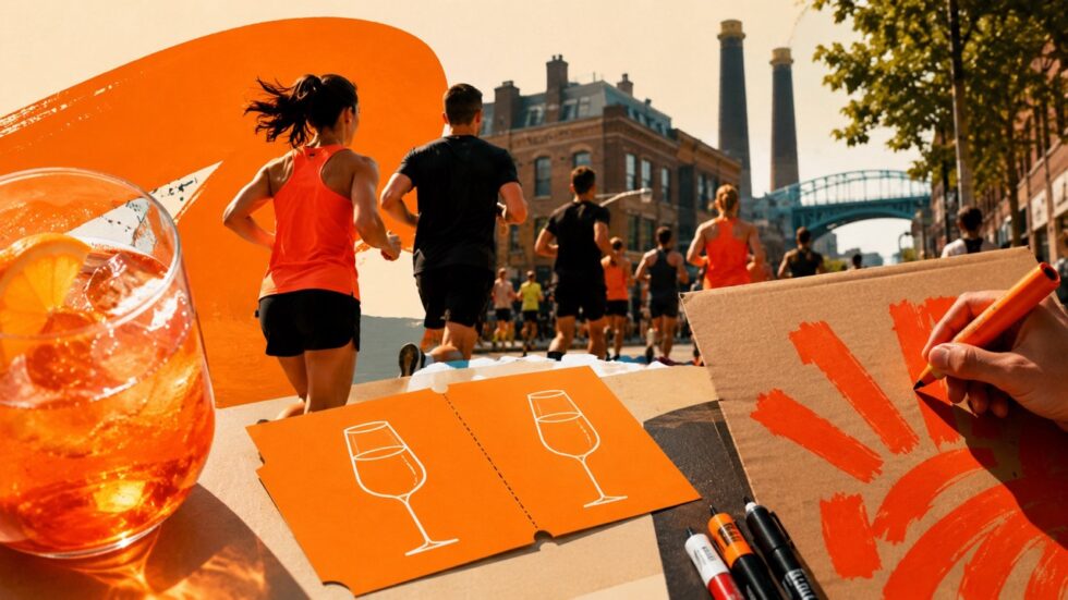 Hackney Half Marathon runners with Crodino Spritz 0.0% voucher concept and craft sign station along East London race route