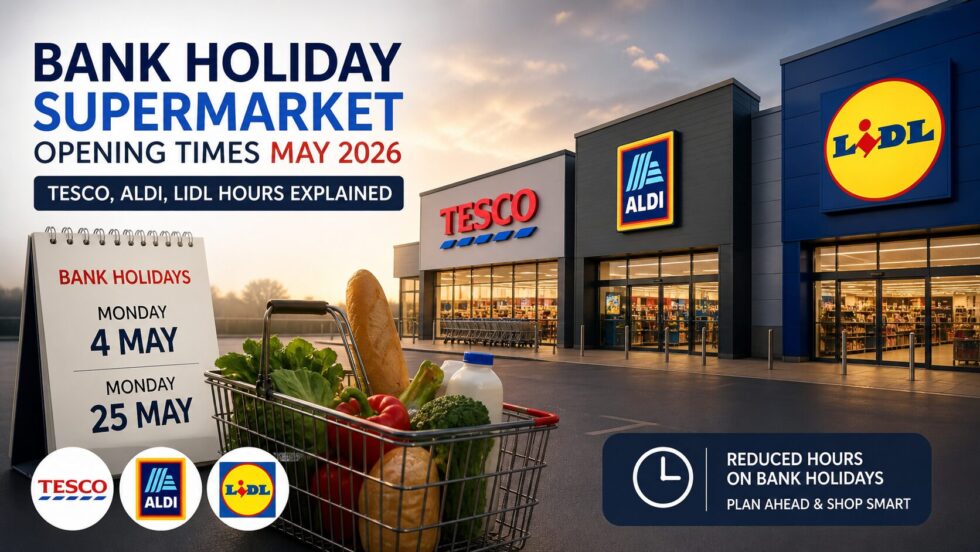 Bank holiday supermarket opening times for Tesco, Aldi, Lidl and Morrisons on 4 May 2026. Check Tesco bank holiday opening times, Asda hours and Aldi opening hours.
