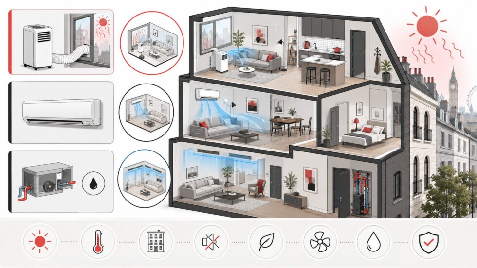 London air conditioning guide for flats: portable air conditioner prices, split AC installation costs, no-balcony cooling options, discreet internal systems, leasehold rules and F-Gas checks.