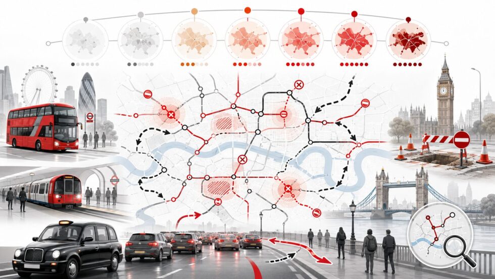 London traffic from 15–20 June 2026: Tube strike update, M25 overnight closures, A3 roadworks, A40 Westway delays, Albert Bridge closure and the best routes to avoid disruption.