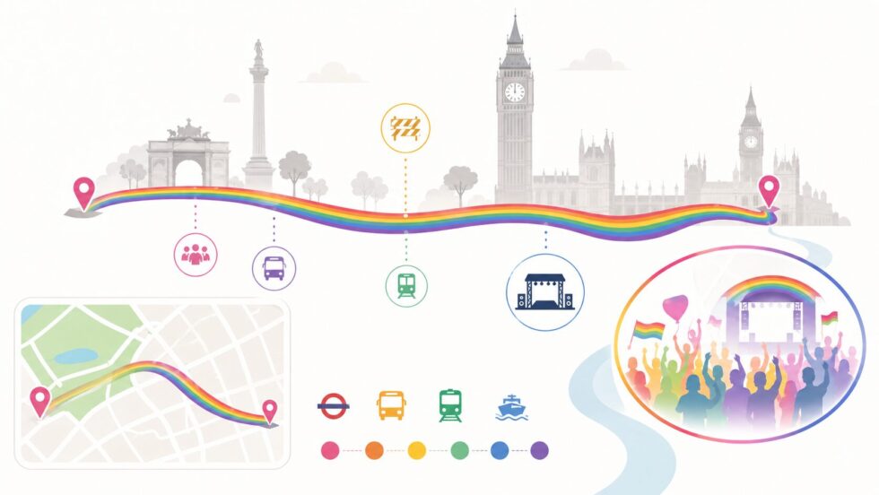 Pride in London 2026 is on Saturday 4 July: parade route from Hyde Park Corner to Whitehall, 12pm start time, central London road closures, best viewing spots, Tube travel and stage line-up explained.