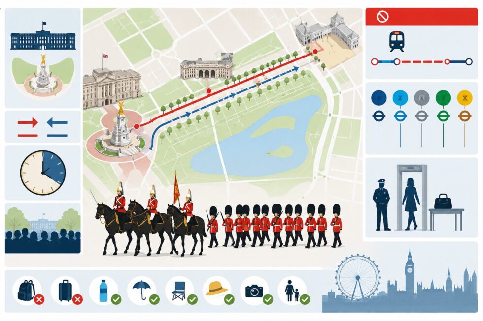 Trooping the Colour 2026 London guide: parade route from Buckingham Palace to Horse Guards Parade, best free viewing spots, Tube closures, security checks, travel advice and royal flypast details.