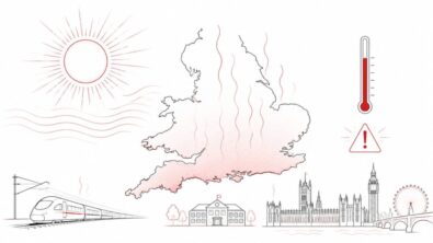 Red weather warning issued for England and Wales as the Met Office forecasts extreme heat up to 38&ndash;40C. Schools, railways, roads and health services prepare for disruption.