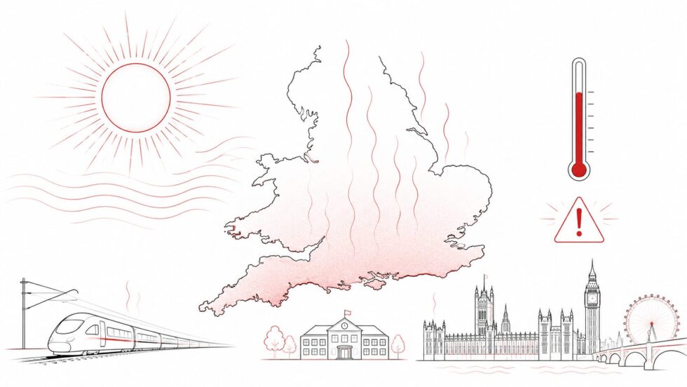 Red weather warning issued for England and Wales as the Met Office forecasts extreme heat up to 38–40C. Schools, railways, roads and health services prepare for disruption.