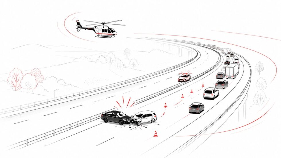M25 accident today happened at about 10:00 BST on Wednesday, 24 June 2026, near Godstone. A man was airlifted to hospital after a two-vehicle crash caused closures, delays and resurfacing work.