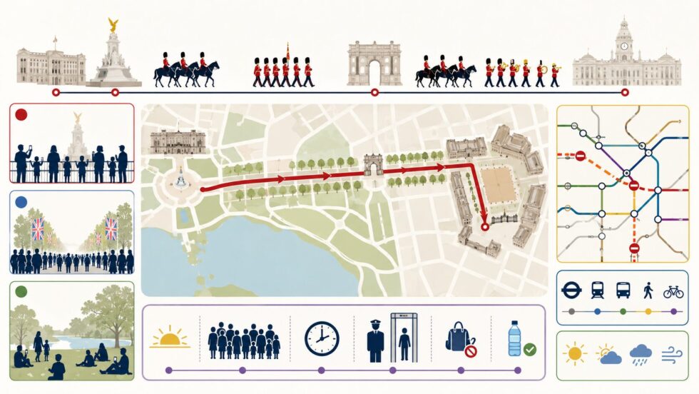 Trooping the Colour 2026 London guide: parade route from Buckingham Palace to Horse Guards Parade, best free viewing spots, Tube closures, security checks, travel advice and royal flypast details.