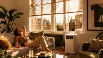 London air conditioning guide for flats: portable air conditioner prices, split AC installation costs, no-balcony cooling options, discreet internal systems, leasehold rules and F-Gas checks.