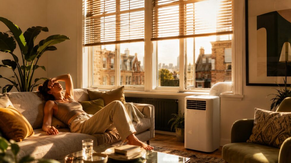 London air conditioning guide for flats: portable air conditioner prices, split AC installation costs, no-balcony cooling options, discreet internal systems, leasehold rules and F-Gas checks.