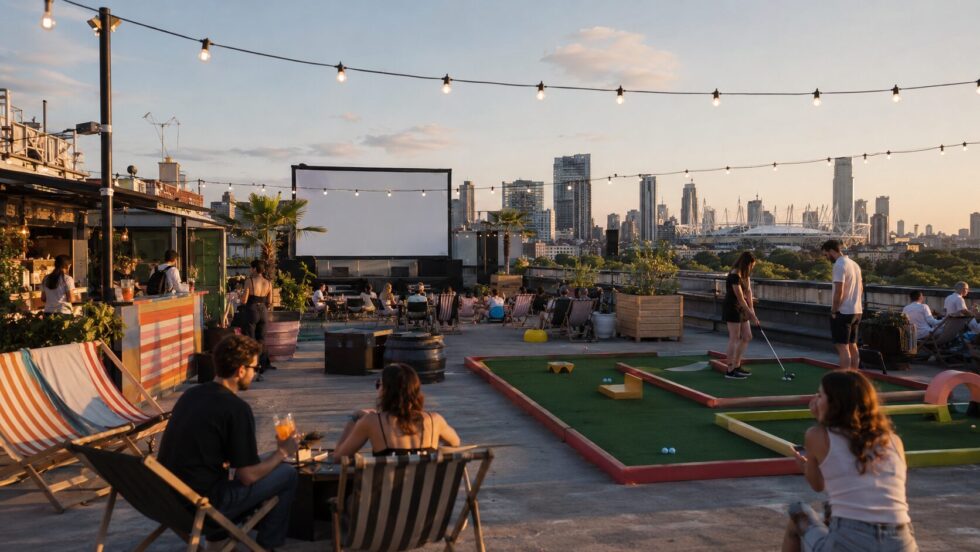 Roof East Stratford 2026 is a free London rooftop playground with games, open-air cinema, street food, cocktails and Saturday bottomless brunch above Stratford.