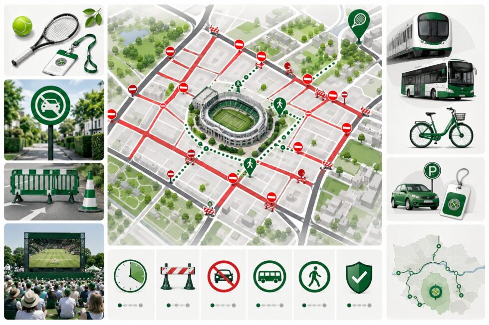Wimbledon 2026 SW19 road closures infographic with tennis stadium, blocked streets, bus diversion, walking routes and London transport icons.