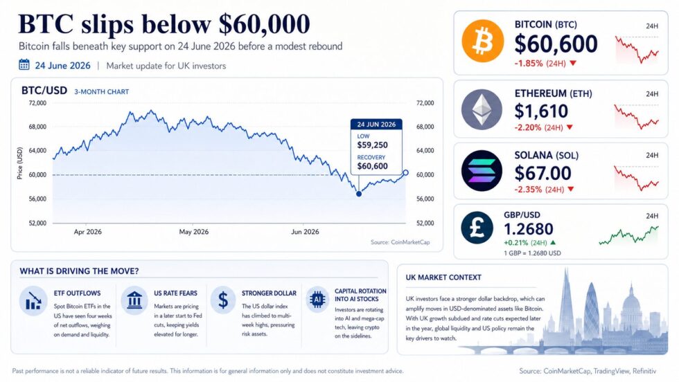 Bitcoin price UK on 24 June 2026: BTC fell below $60,000 as ETF outflows, Fed rate fears, AI stocks and dollar strength hit crypto. What it means for London investors.