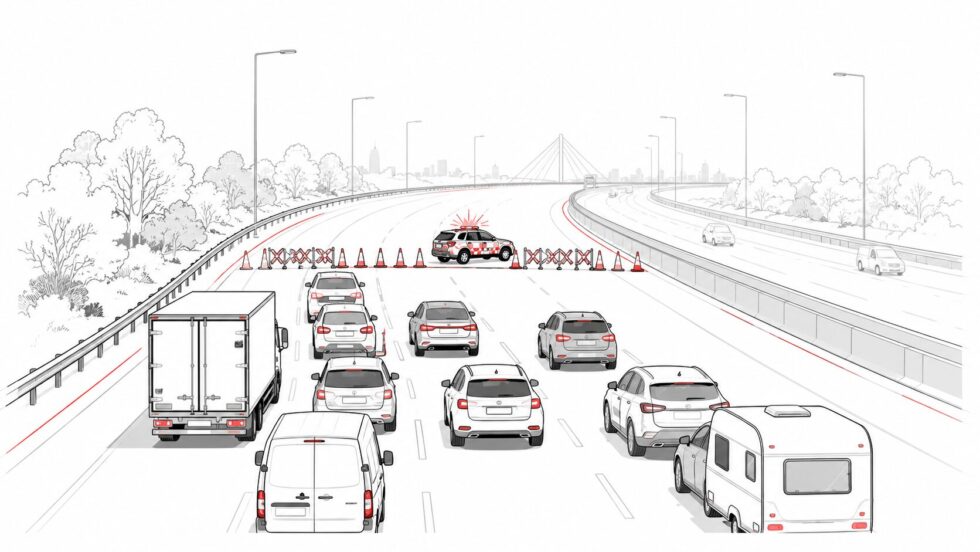 The M60 is shut anti-clockwise between J24 and J23 near Denton after an incident on 15 June 2026, all lanes closed and the J24 slip blocked. National Highways expects reopening just after midnight.