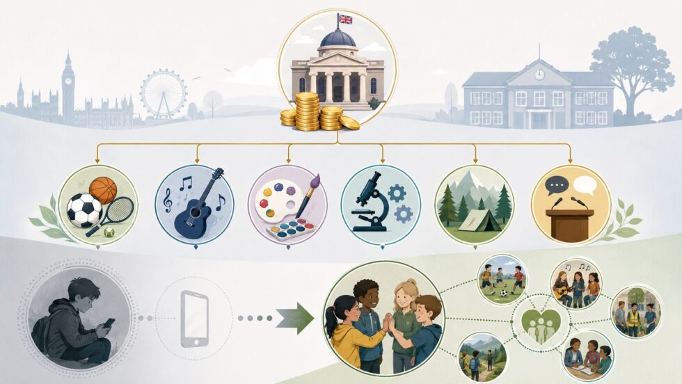 UK school enrichment activities funding: £132.5m backs after-school clubs, sport, arts, STEM and community programmes as ministers link real-world support to online safety. Ofsted will track offers.