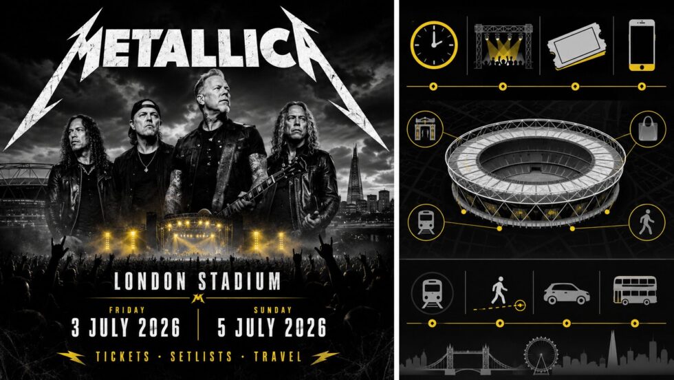 Metallica at London Stadium on 3 & 5 July 2026: No Repeat Weekend with two different setlists, support acts, ticket types, stage times and the Stratford travel and road plan — full guide.
