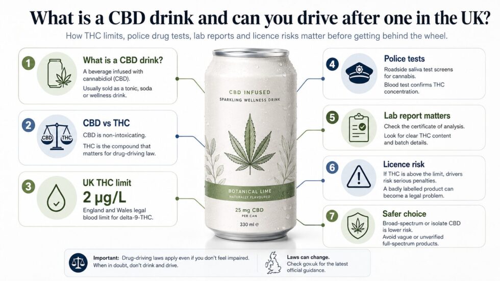 What is a CBD drink and can you drive after one in the UK? Here is how THC limits, police drug tests, lab reports and licence risks matter before getting behind the wheel.
