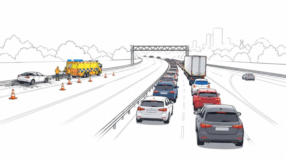 M25 traffic chaos in Essex: left a teenage driver stranded for eight hours after a crash, oil spill and heat-delayed resurfacing shut the motorway near Lakeside, prompting a National Highways review.
