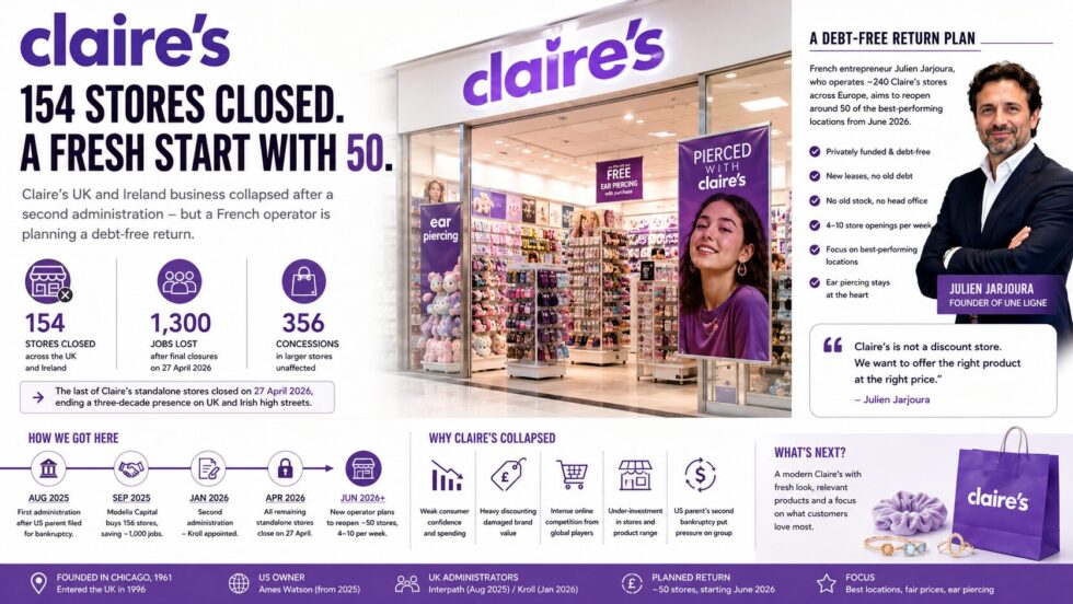 Claire’s closed 154 UK and Irish stores and cut 1,300 jobs after a second administration. French operator Julien Jarjoura is now attempting a debt-free return with about 50 shops.