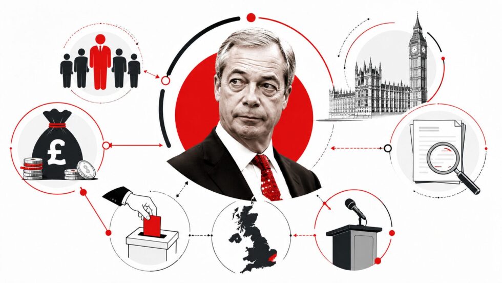 Reform UK leader Nigel Farage resigns as Clacton MP to fight a by-election amid scrutiny over a reported £5m gift, Christopher Harborne, George Cottrell and Westminster declaration rules.