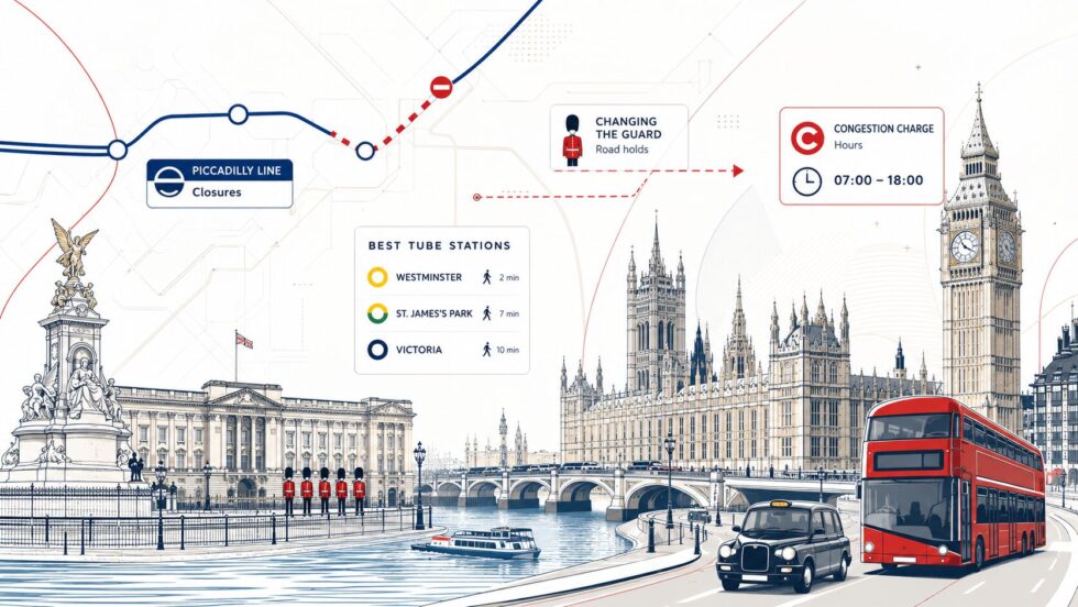Piccadilly line closures, Changing the Guard road holds, Congestion Charge hours and the best Tube stations for Big Ben and Buckingham Palace: your full Westminster travel guide for 27 July–2 August 2026.