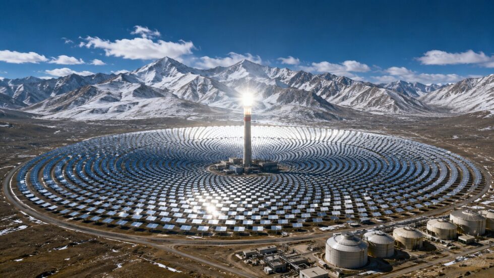 China completes the world's highest solar thermal power plant in Tibet: 15,927 mirrors at 4,650 metres, a 185-metre tower and molten salt storage for round-the-clock power. Launch in October.
