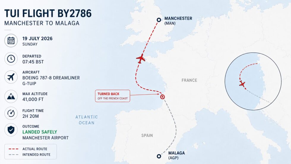 TUI flight BY2786 returned safely to Manchester after turning back near the French coast. Here is what is known about its Boeing 787 journey, disruption, possible cause and passenger rights in the UK