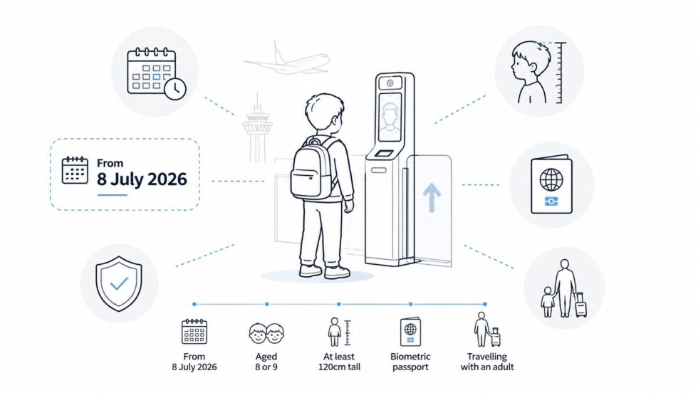 From 8 July 2026, eligible children aged 8 and 9 can use UK airport eGates if they are 120cm tall, hold a biometric passport and travel with an adult, easing summer arrivals for families.
