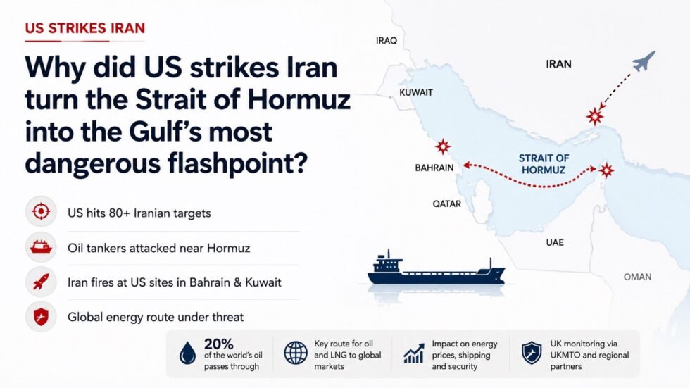 US strikes Iran after oil tanker attacks in the Strait of Hormuz, hitting IRGC targets as Tehran fires at US-linked sites in Bahrain and Kuwait, raising fears for Gulf security.