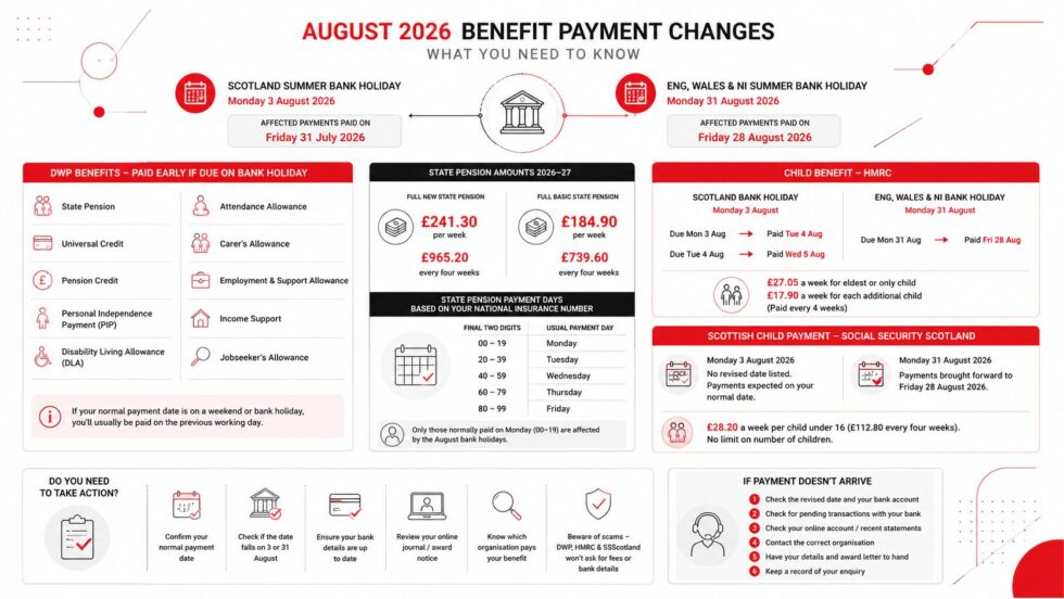 DWP pension payment changes in August 2026 will bring early payments for some claimants. Check the Scotland and UK bank holiday dates, affected benefits and when your money should arrive.