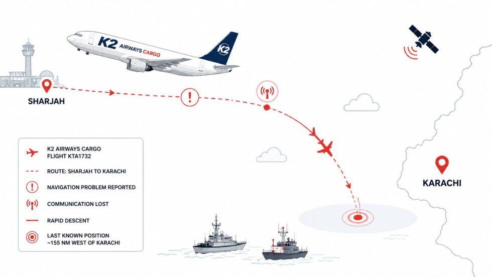 K2 Airways Cargo 737 AP-BOI went missing near Karachi after reporting a navigation problem on a Sharjah flight. Search teams are operating in the Arabian Sea as officials examine radar data.