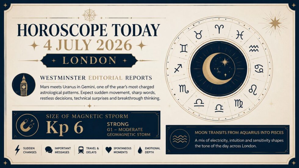 Horoscope today 4 July 2026 in London: discover accurate predictions for love, career, money and all zodiac signs as Mars joins Uranus in Gemini, bringing unexpected changes and powerful cosmic energy.