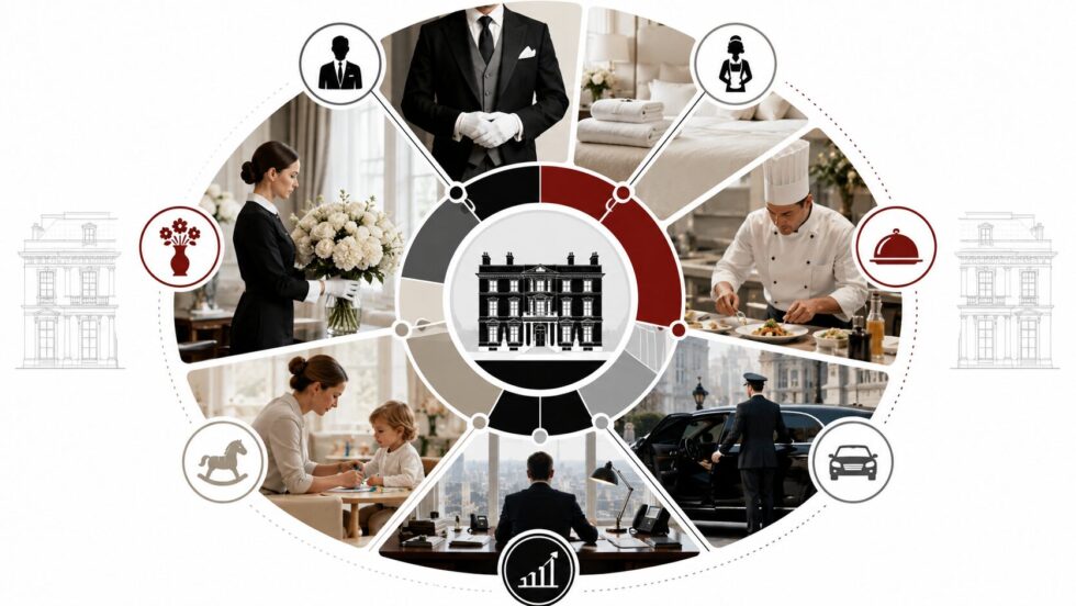 London's private household staffing market in 2026 explained: salaries, agency fees, staff shortages, hiring trends, visa pressures and what the Royal Household reveals about domestic service at scale.