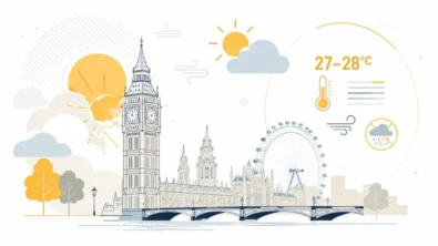 Weather tomorrow, 27 July 2026, in London: sunny intervals, a warm 27&deg;C afternoon, light winds, high pollen and less than 5% rain risk through most of the day.