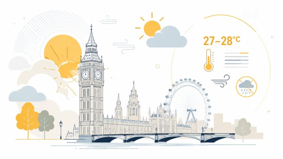 Weather tomorrow, 27 July 2026, in London: sunny intervals, a warm 27°C afternoon, light winds, high pollen and less than 5% rain risk through most of the day.