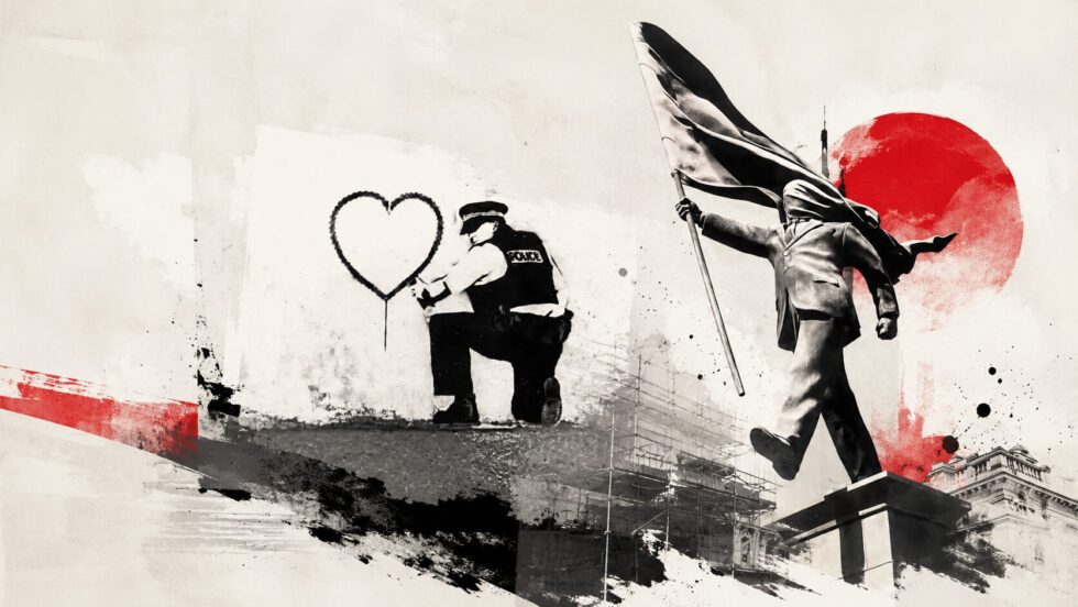 Possible Banksy mural on Hove seafront near Palmeira Square shows a police officer spraying a chained heart, but Banksy representatives say it is not his latest work.