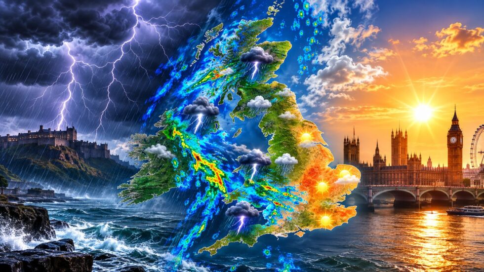 UK weather heatwave thunderstorms bring flash-flood risks to Northern Ireland and Scotland, while hot, humid conditions persist in eastern and south-east England before cooler weather arrives today!