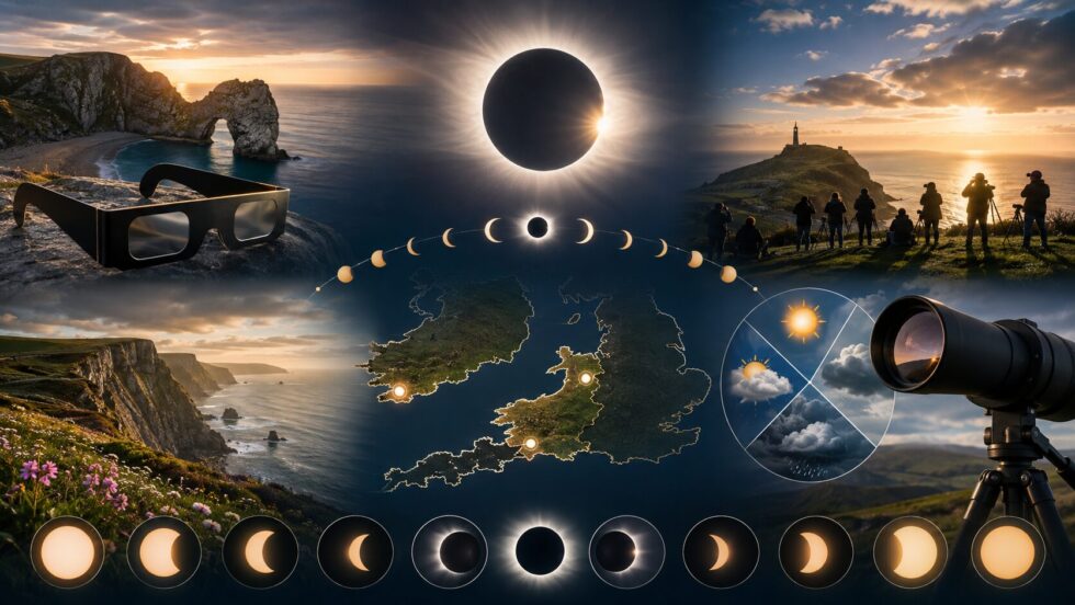 UK solar eclipse 2026 viewing guide with exact timings, the best locations in Cornwall, Wales and western Britain, safe eclipse glasses advice, weather factors and what observers will see.