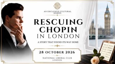 Promotional artwork for the Rescuing Chopin in London cultural soir&eacute;e at the National Liberal Club, featuring a pianist, Big Ben and classical music elements.
