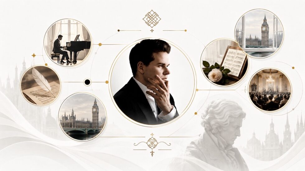 Promotional artwork for the Rescuing Chopin in London cultural soirée at the National Liberal Club, featuring a pianist, Big Ben and classical music elements.