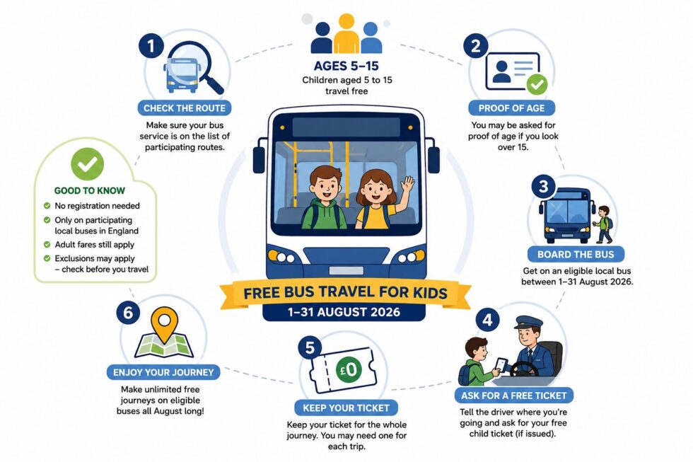 Free travel pass rules explained: children aged 5–15 ride eligible local buses across England free throughout August 2026, with no registration, but route, ticket and age-proof rules may still apply.