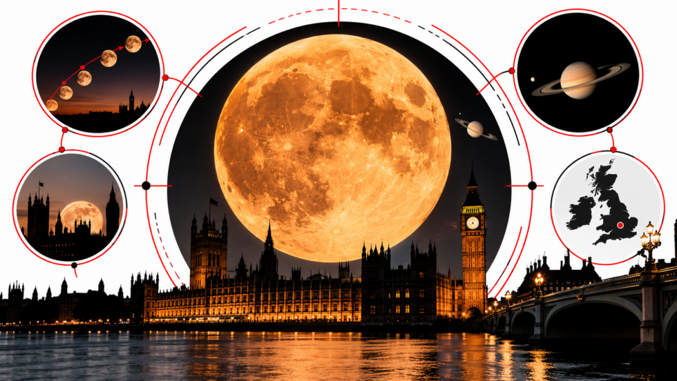 Harvest Moon 2026 peaks at 17:48 BST on Saturday 26 September and rises over London at 18:27. UK moonrise times, Saturn beside the Moon, Westminster viewpoints and the weather outlook.