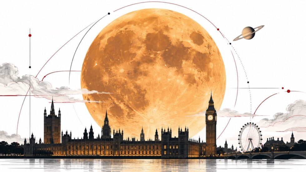 Harvest Moon 2026 peaks at 17:48 BST on Saturday 26 September and rises over London at 18:27. UK moonrise times, Saturn beside the Moon, Westminster viewpoints and the weather outlook.