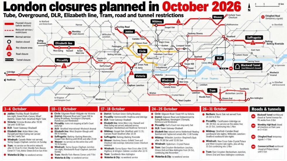 Which London Tube, Overground, DLR, Elizabeth line, Tram, road and tunnel closures are planned in October 2026? Full dates, affected routes and key travel restrictions.