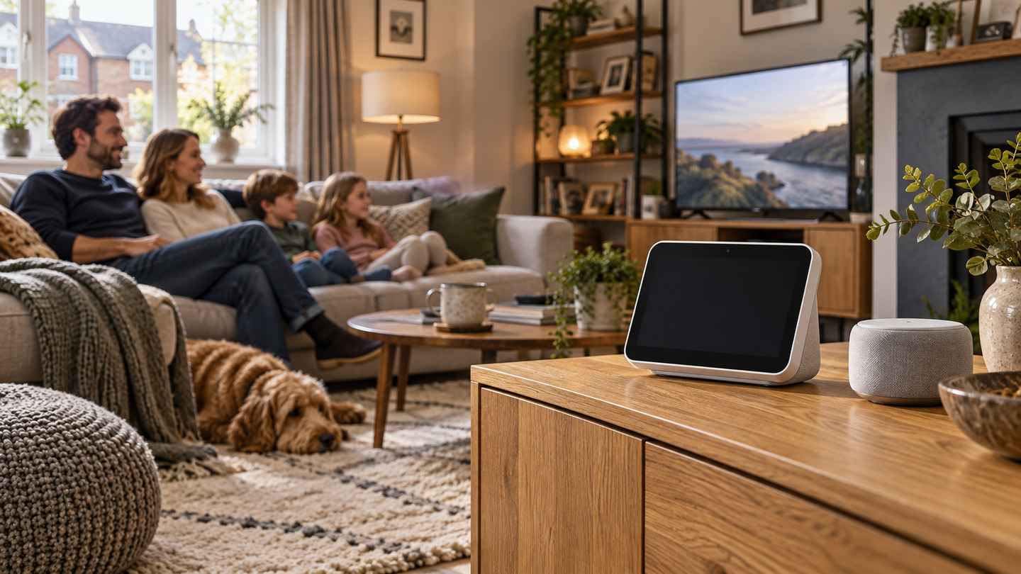 A generic smart display and compact speaker on a sideboard in a British living room