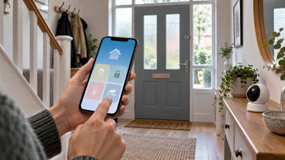 A person using a generic smartphone beside a home entrance and an indoor camera